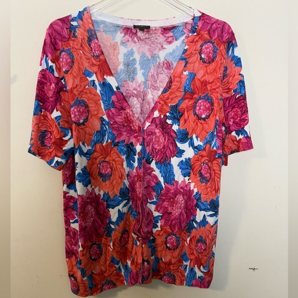 Talbots Cardigan Sweater Womens Petite 1X Short Sleeve Button Up Floral Bright